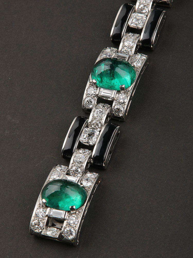 独角鹿西洋古董1925年代法国出品装饰艺术风格铂金镶嵌祖母绿钻石手链