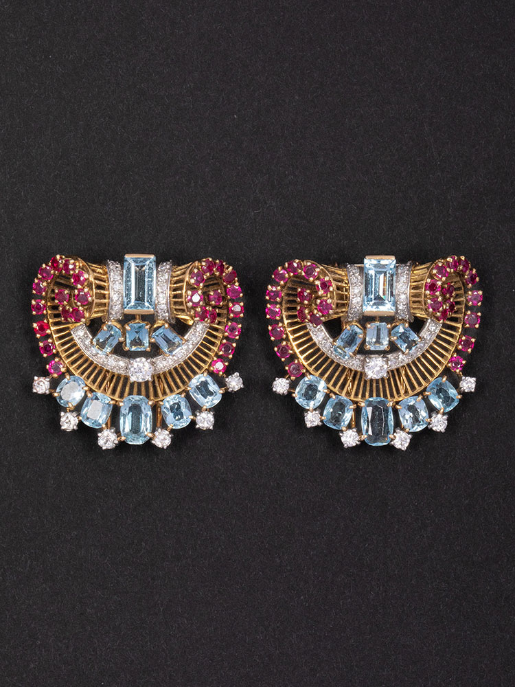 独角鹿西洋古董1940年代法国出品装饰艺术风格金银镶嵌钻石海蓝宝红宝石胸针一对
