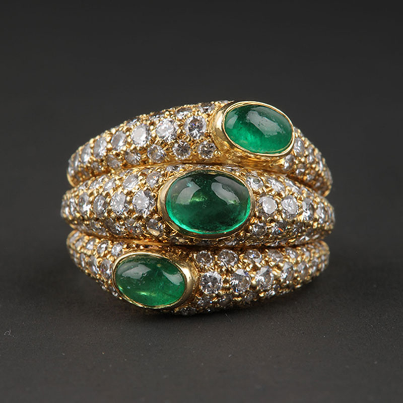 独角鹿西洋古董1980年代法国出品18K黄金镶嵌钻石祖母绿鸡尾酒戒指