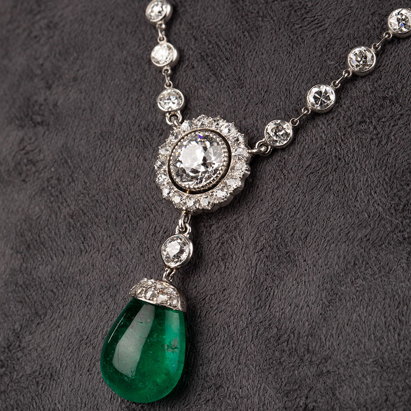 独角鹿西洋古董1910年代欧洲出品铂金镶嵌钻石祖母绿吊坠