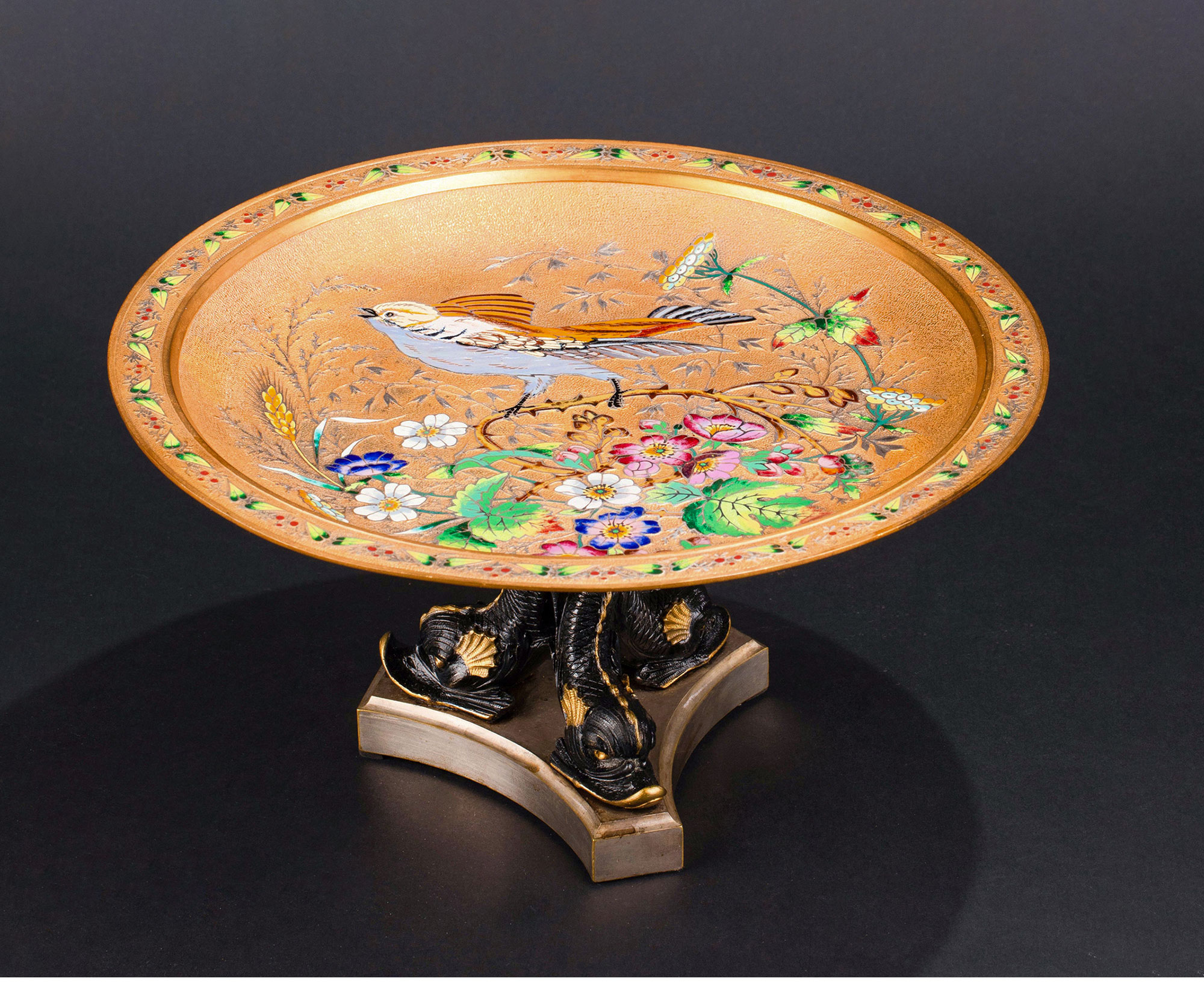 独角鹿西洋古董1890年代法国出品东方风格花鸟主题珐琅彩绘铜鎏金赏盘