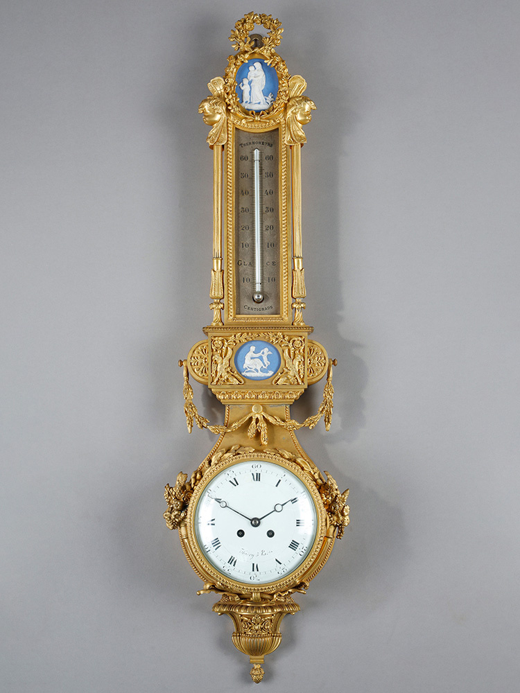独角鹿西洋古董1880年代法国出品路易十六风格铜鎏金装饰嵌韦奇伍德瓷板晴雨表挂钟