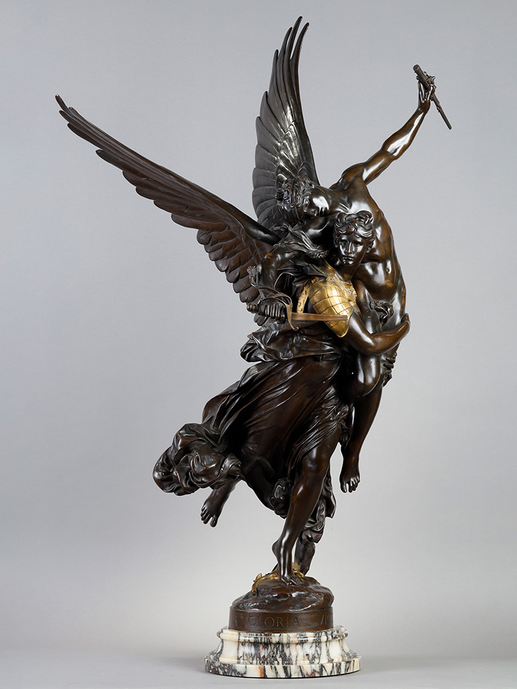 独角鹿西洋古董19世纪法国出品「GLORIA VICTIS 被征服者的荣耀」主题大理石底座铜鎏金装饰青铜雕像