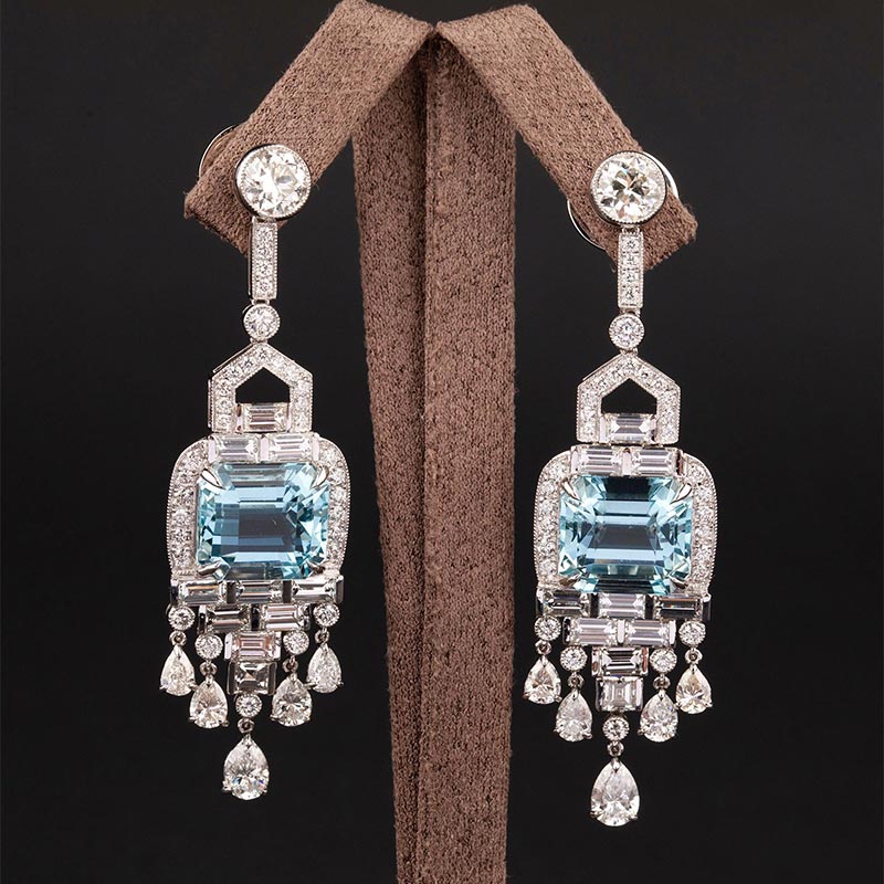 独角鹿西洋古董1940年代法国出品装饰艺术风格铂金镶嵌钻石及海蓝宝耳坠一对