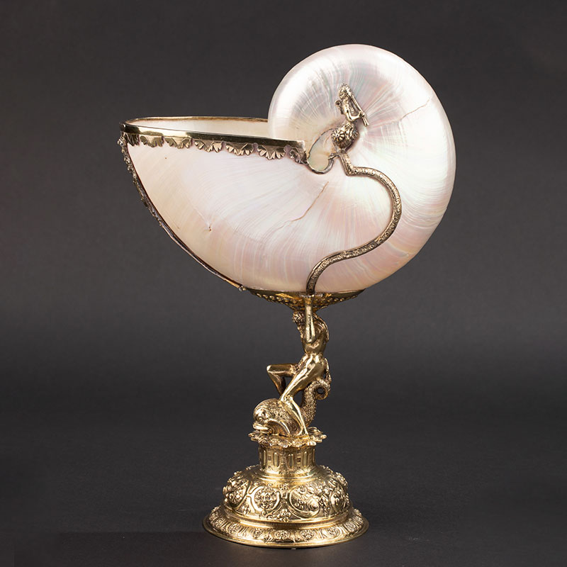 独角鹿西洋古董1600年代英国出品古希腊神话主题银镀金装饰鹦鹉螺杯摆件
